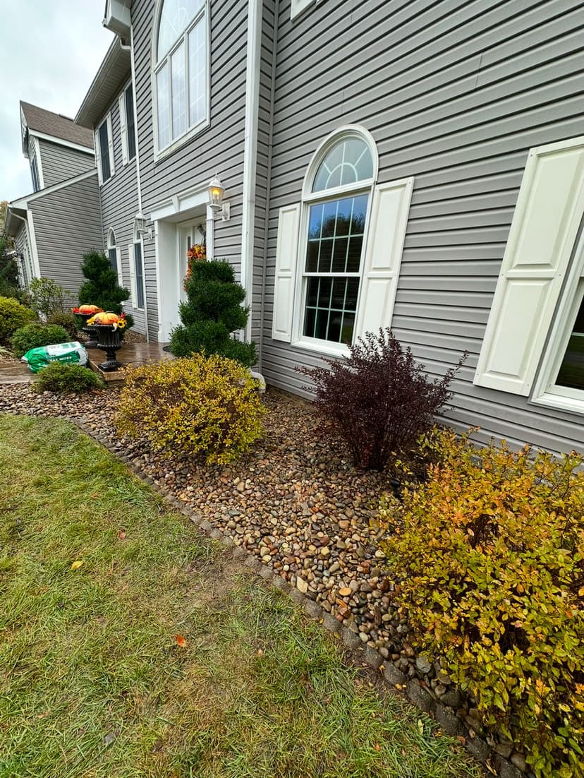 Landscape featuring a stone border, shrubs, and plants alongside a gray house exterior.