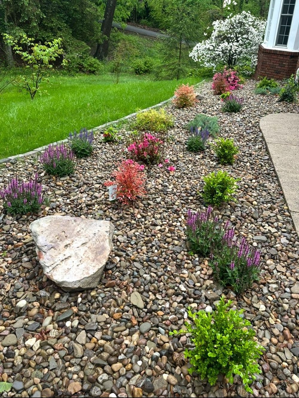 Colorful flowering plants border a stone pathway in a lush garden landscape.